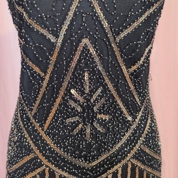 Retro Sequin Flapper Dress with Fringe Black and Gold Small - Picture 10 of 14